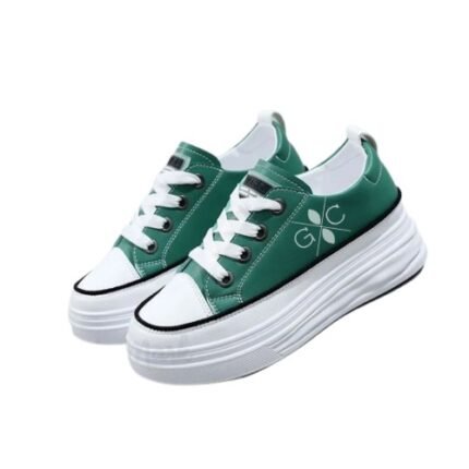 Green and White Canvas Wedge Sneakers