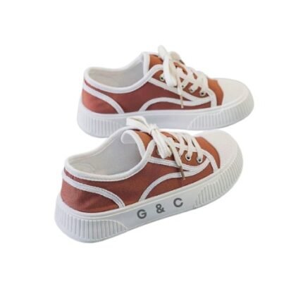 Brown and White Canvas Contrast Piping Casual Lace-Up Sneakers